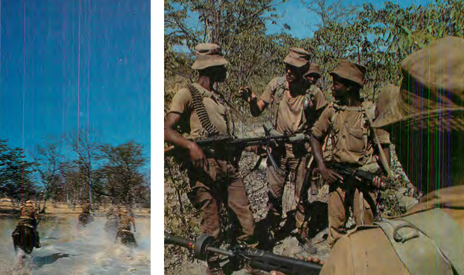 LEFT - Mounted troops take a river on the run. These units are invaluable for running down fleeing terrorists. RIGHT - Black and white South African Army troops hold conference during patrol along Angola border. This area has seen much action in past six months. Units such as this have had high kill ratio against terrs. 