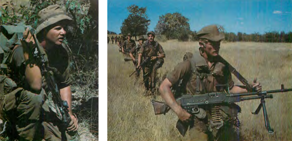 LEFT - South African troopie takes a break on patrol. Terrain along Angolan border is sandy, flat, often aterless. Patrols average 6 kms per hour. Troop is armed with FN MAG machine gun. RIGHT - South African troops on patrol along Angola frontier. Out of first five weapons identifiable, four are FN-MAG belt-fed machine guns, one is FN rifle. These units played major role in attack on SW APO bases deep inside Angola. 