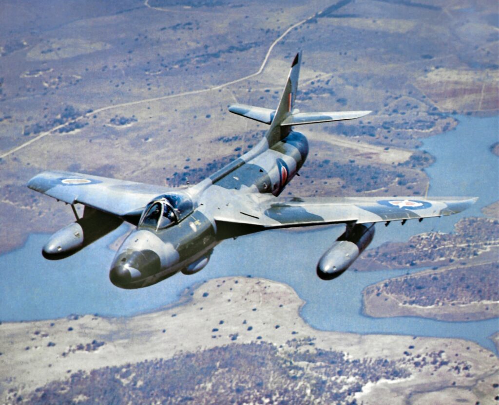 Wearing Royal Rhodesian Air Force ‘assegai’ roundels, Hunter FGA9 R1258 of 1 Squadron cuts a menacing pose over Lake Kariba during the period when the first attacks on insurgents were made.