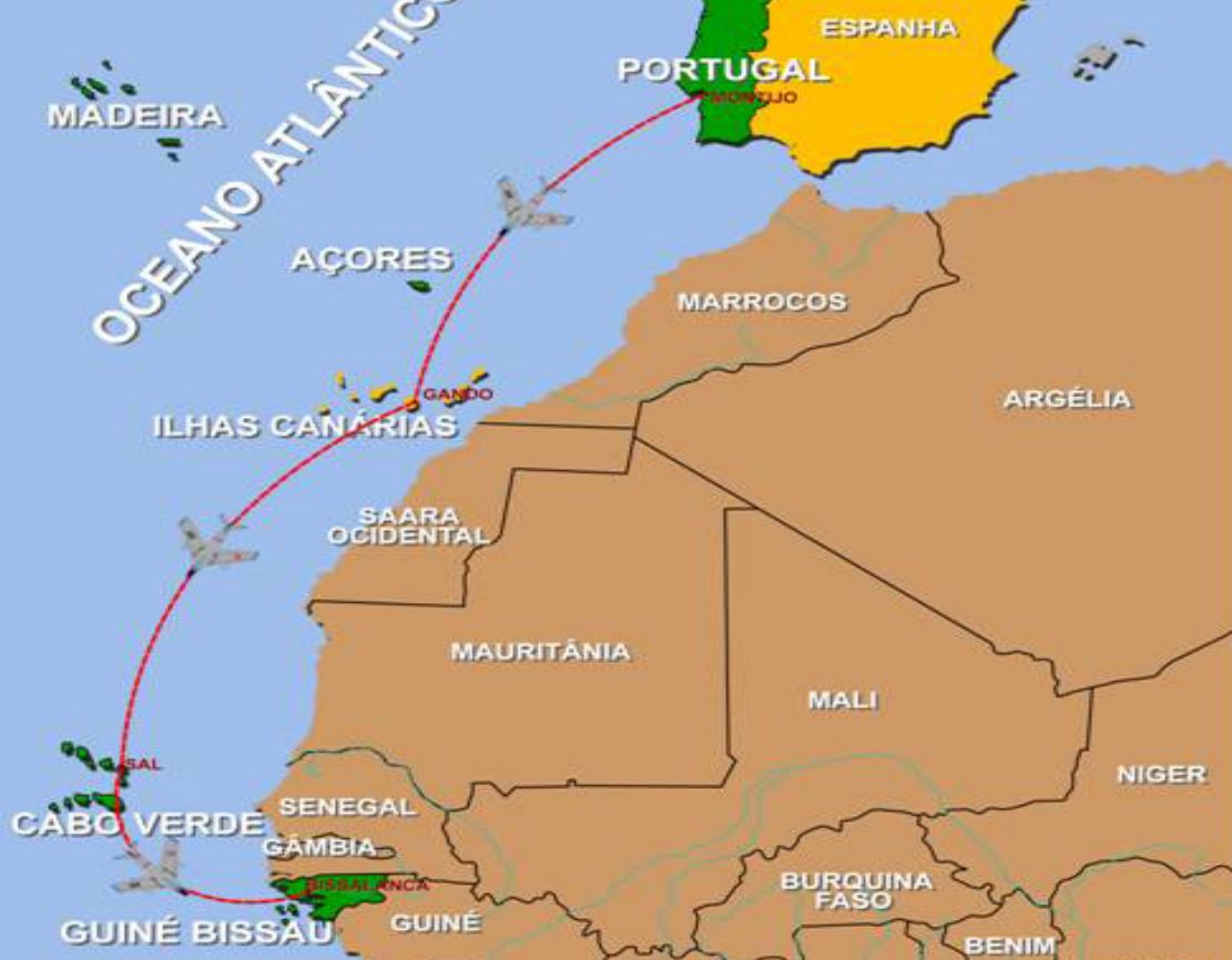 The route of F-86 fighters from Portugal to Guinea.