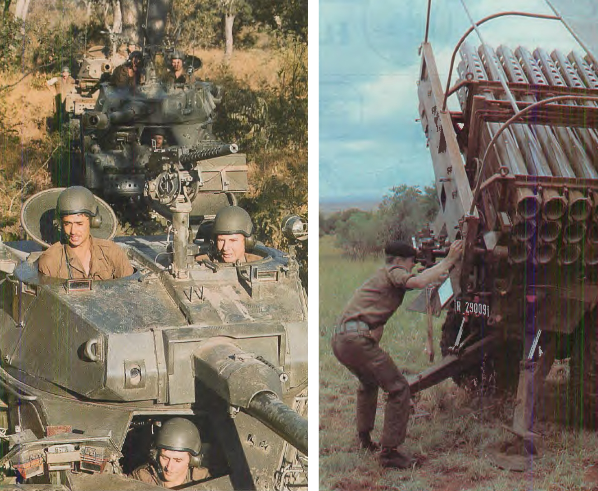 LEFT: Eland 90 Light Armored Car, based on the French Panhard AML, sees heavy service in the operational areas although more emphasis is being placed on the IFV concept.RIGHT: Valkyrie MRL in action